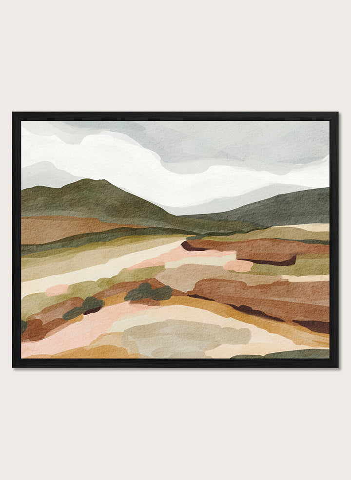 Shop Muted Mountain Landscape by Nikita Jariwala, a modern mountain wall art print poster with abstract hills, olive green, brown, cream, blush, and charcoal tones.