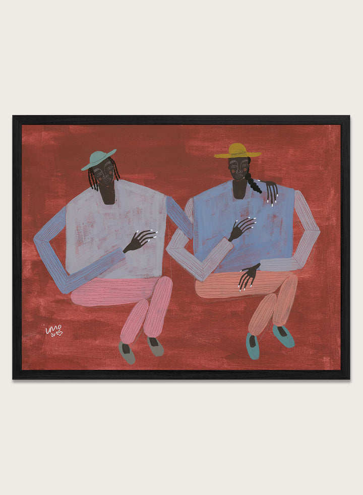 Artistic depiction of two figures holding hands on a red background. Better With You by Studio IMO (Ibi Meier-Oruitemeka) is a modern figurative art print with two figures, bold color, and contemporary wall poster design.