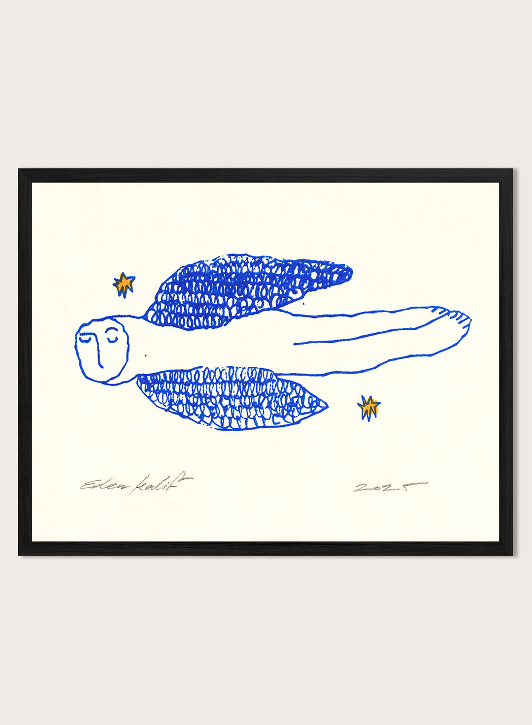 Framed artwork of a blue abstract figure with stars on a white background. Angel by Eden Kalif is a modern line art print of a winged figure with blue detail, a contemporary minimalist wall poster with expressive drawing and subtle texture.