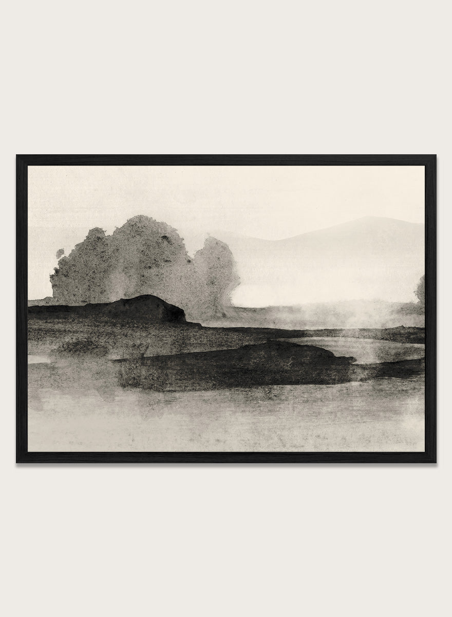 Shop Land No. 01 by Dan Hobday, a muted landscape art print featuring dark landforms, soft trees, distant hills, and layered neutral texture.