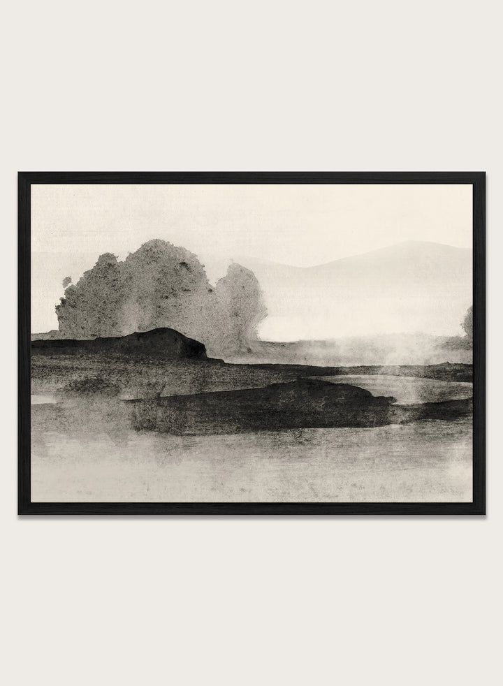 Shop Land No. 01 by Dan Hobday, a muted landscape art print featuring dark landforms, soft trees, distant hills, and layered neutral texture.
