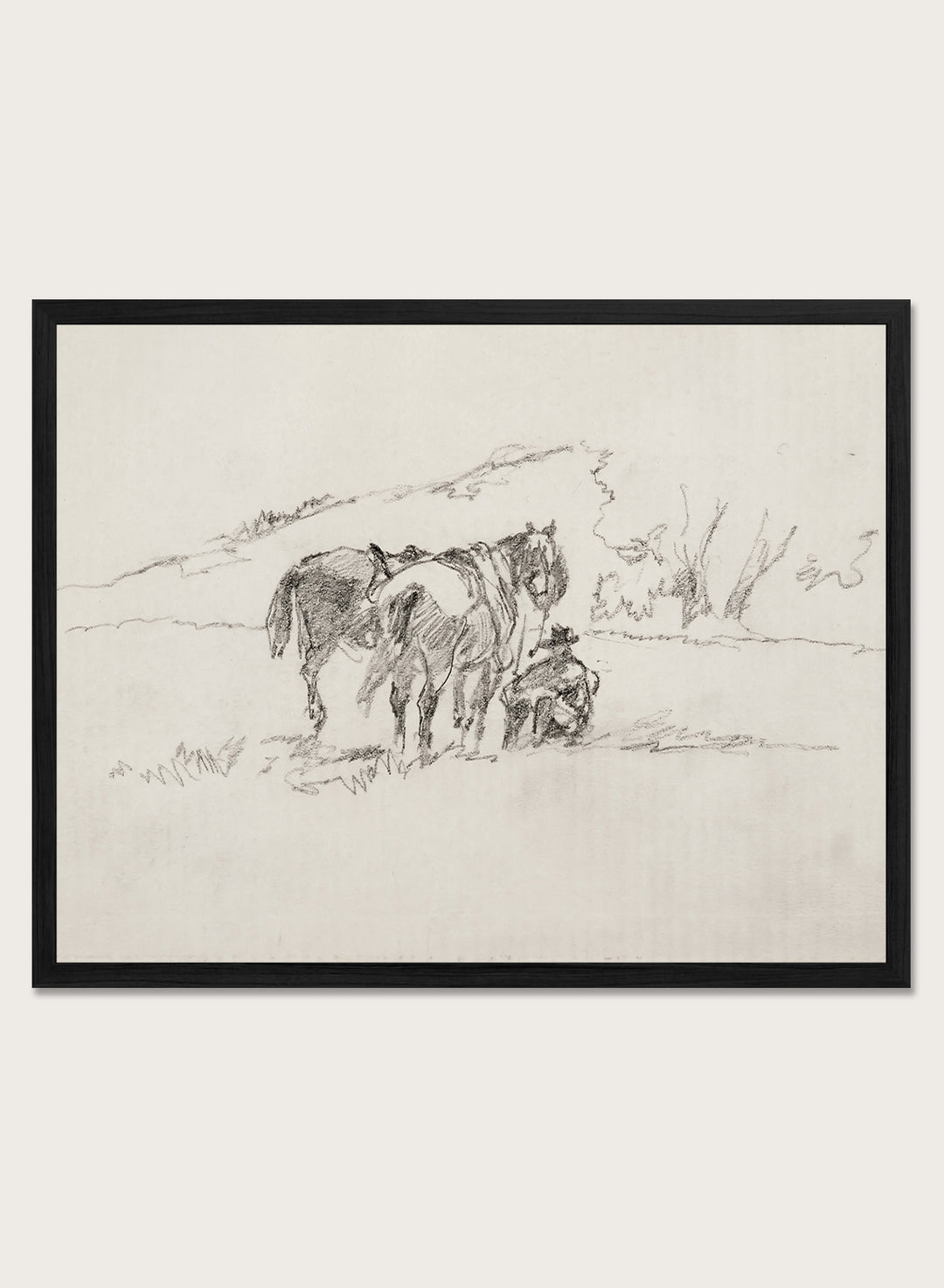 A framed black and white sketch print depicting a cowboy and horse, set against a light beige background. Sketch Made on Indian Reservation, Montana by Walter Shirlaw is a vintage horse sketch featuring a seated figure, grazing horses, and the Montana landscape.