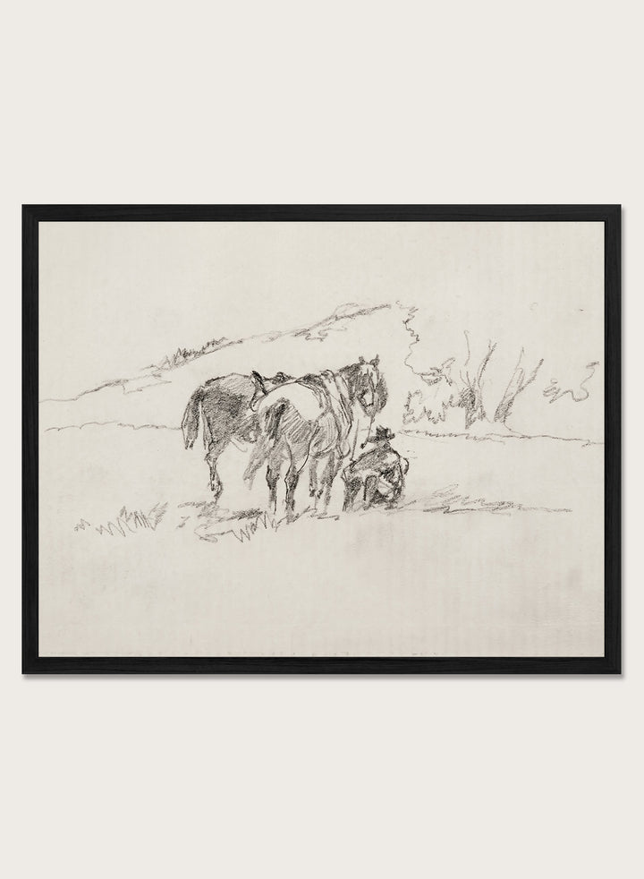 A framed black and white sketch print depicting a cowboy and horse, set against a light beige background. Sketch Made on Indian Reservation, Montana by Walter Shirlaw is a vintage horse sketch featuring a seated figure, grazing horses, and the Montana landscape.