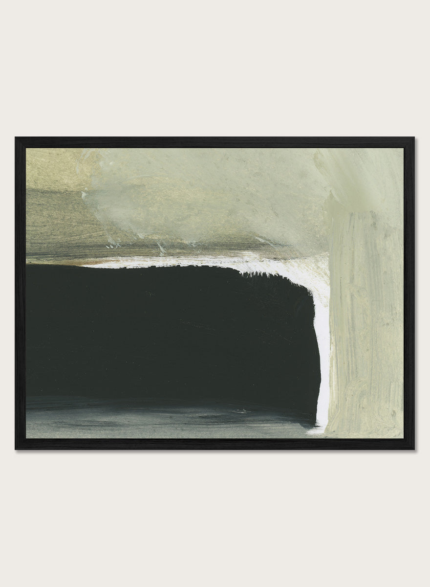 Shop Room by Dan Hobday, a contemporary abstract art print featuring charcoal black, sage green, cream, and muted olive with layered brush texture.