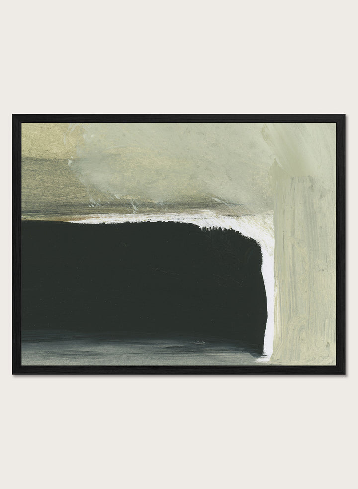 Shop Room by Dan Hobday, a contemporary abstract art print featuring charcoal black, sage green, cream, and muted olive with layered brush texture.