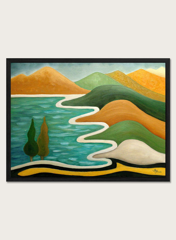 A framed landscape painting featuring stylized green hills, orange mountains, a winding white path, and a turquoise blue body of water with two dark green trees. Shop Abstract River Landscape by Angeles M. Pomata, a colorful abstract landscape art print featuring winding water, rolling hills, and bold earthy tones.