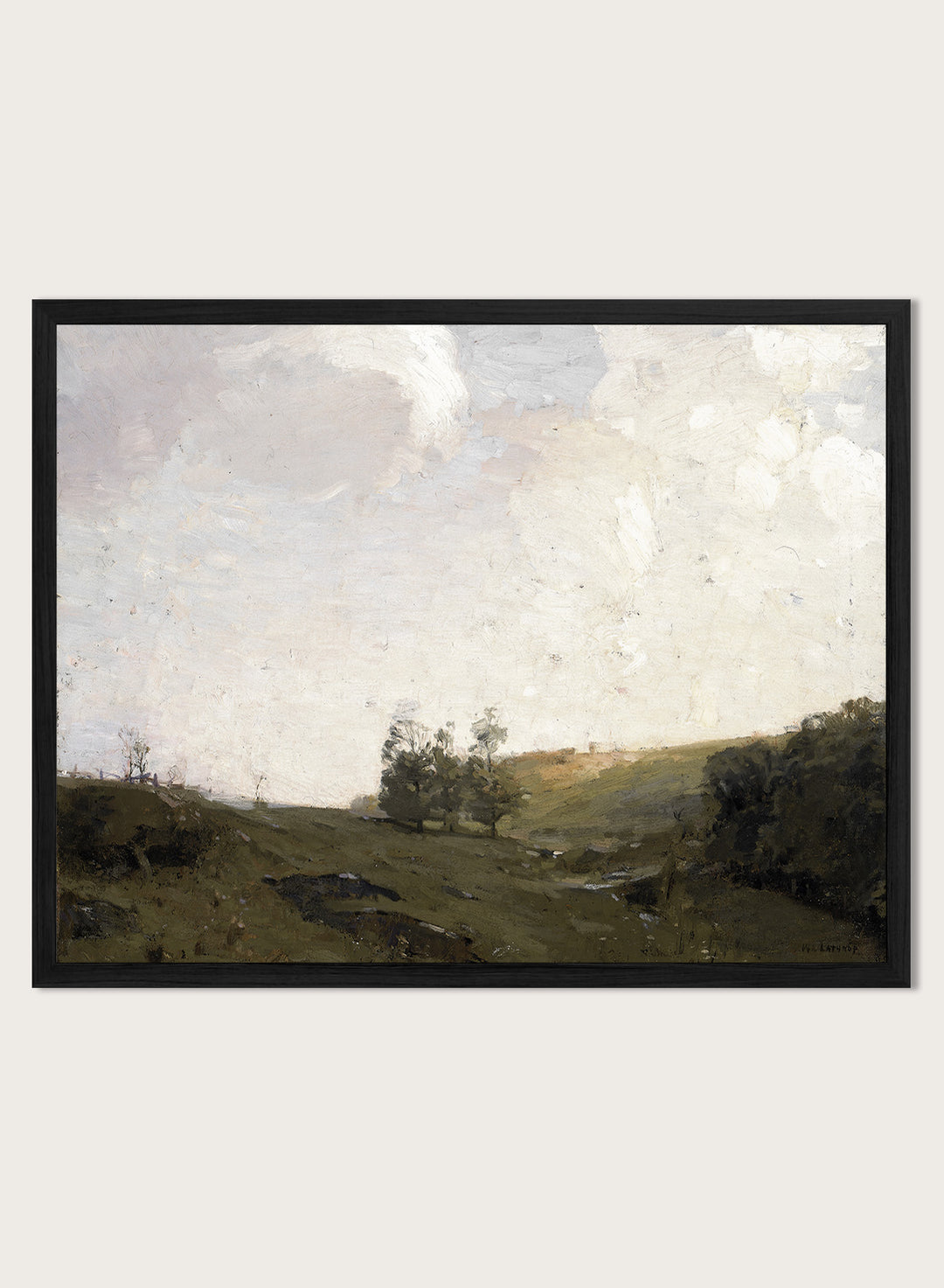 The Three Trees by William Langson Lathrop is a vintage tonalist landscape print of a green field and cloudy sky, a calming countryside wall art print.