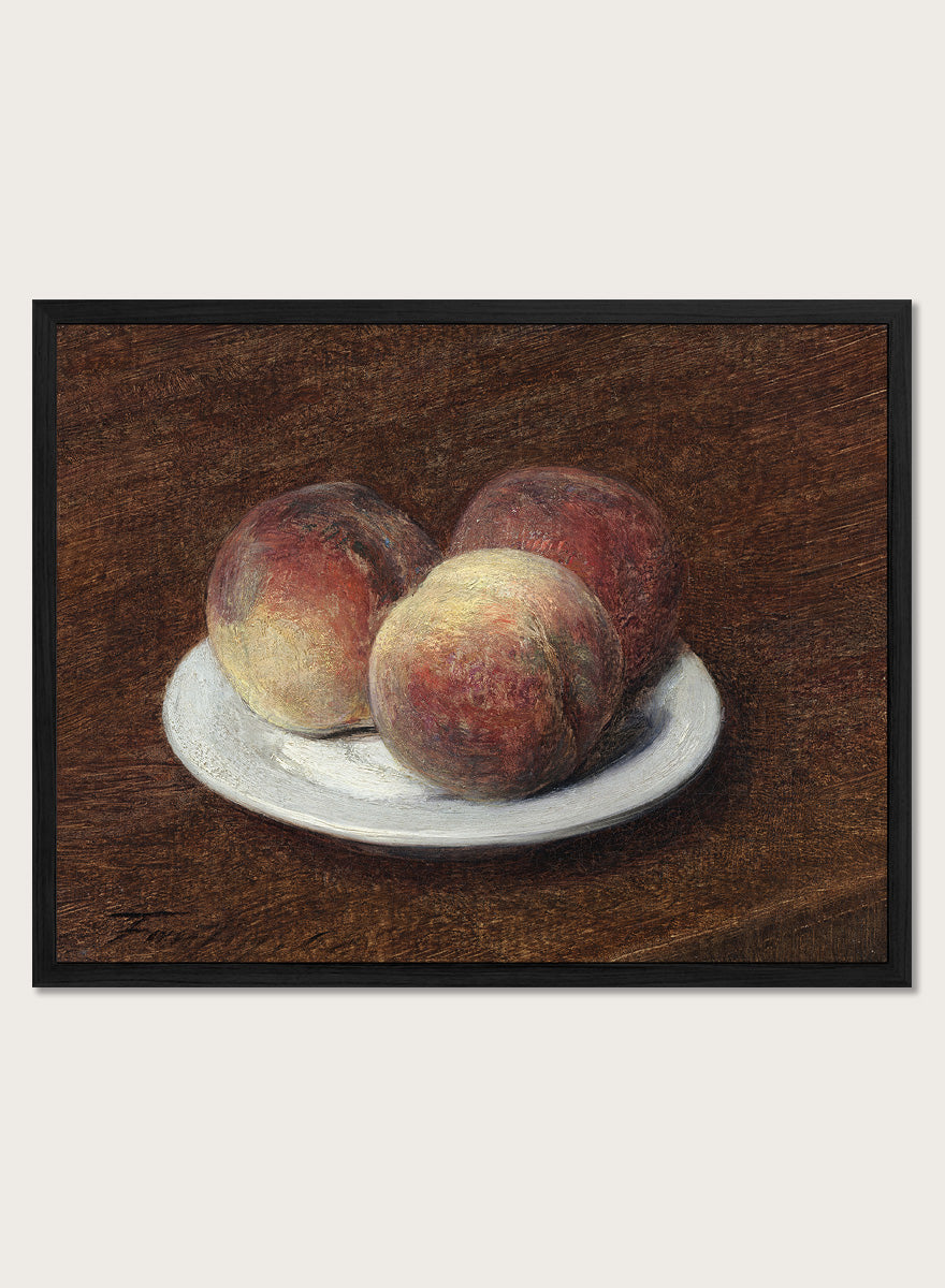 Shop Three Peaches on a Plate by Henri Fantin-Latour, a vintage still life wall art print poster featuring ripe peaches on a white plate in warm brown tones.