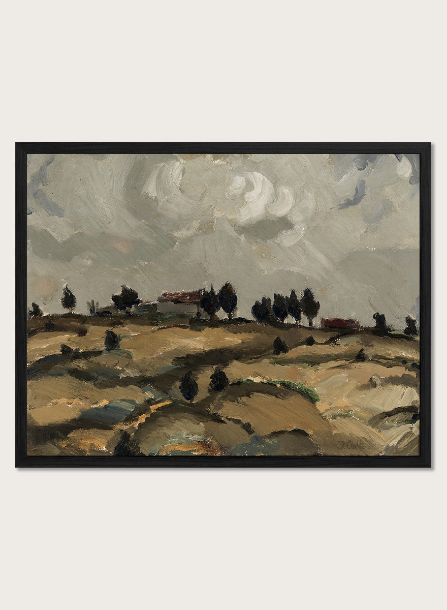 Shop Autumn Landscape with Clouds by Ilmari Aalto, a vintage Finnish landscape wall art print poster depicting rolling fields beneath a dramatic gray sky.
