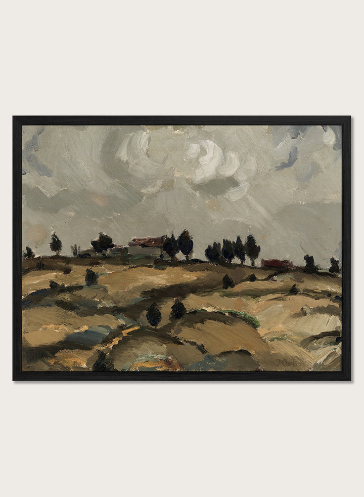 Shop Autumn Landscape with Clouds by Ilmari Aalto, a vintage Finnish landscape wall art print poster depicting rolling fields beneath a dramatic gray sky.
