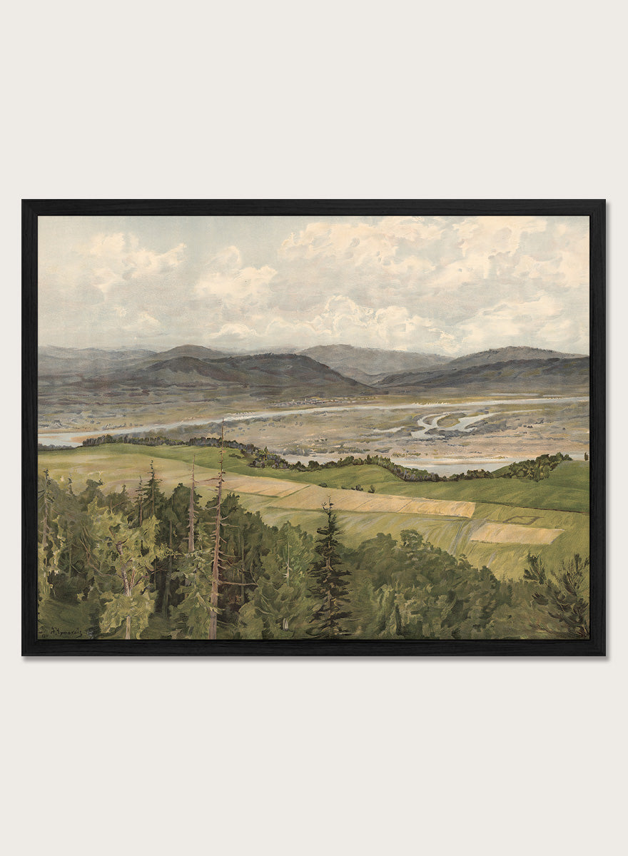 A framed landscape art print depicting rolling green and tan fields, distant mountains, a winding river, and a cloudy sky. Mountain Landscape by Arkadi Afanasyevich Chumakov is a vintage landscape art print featuring forest, fields, mountains, and a winding river.