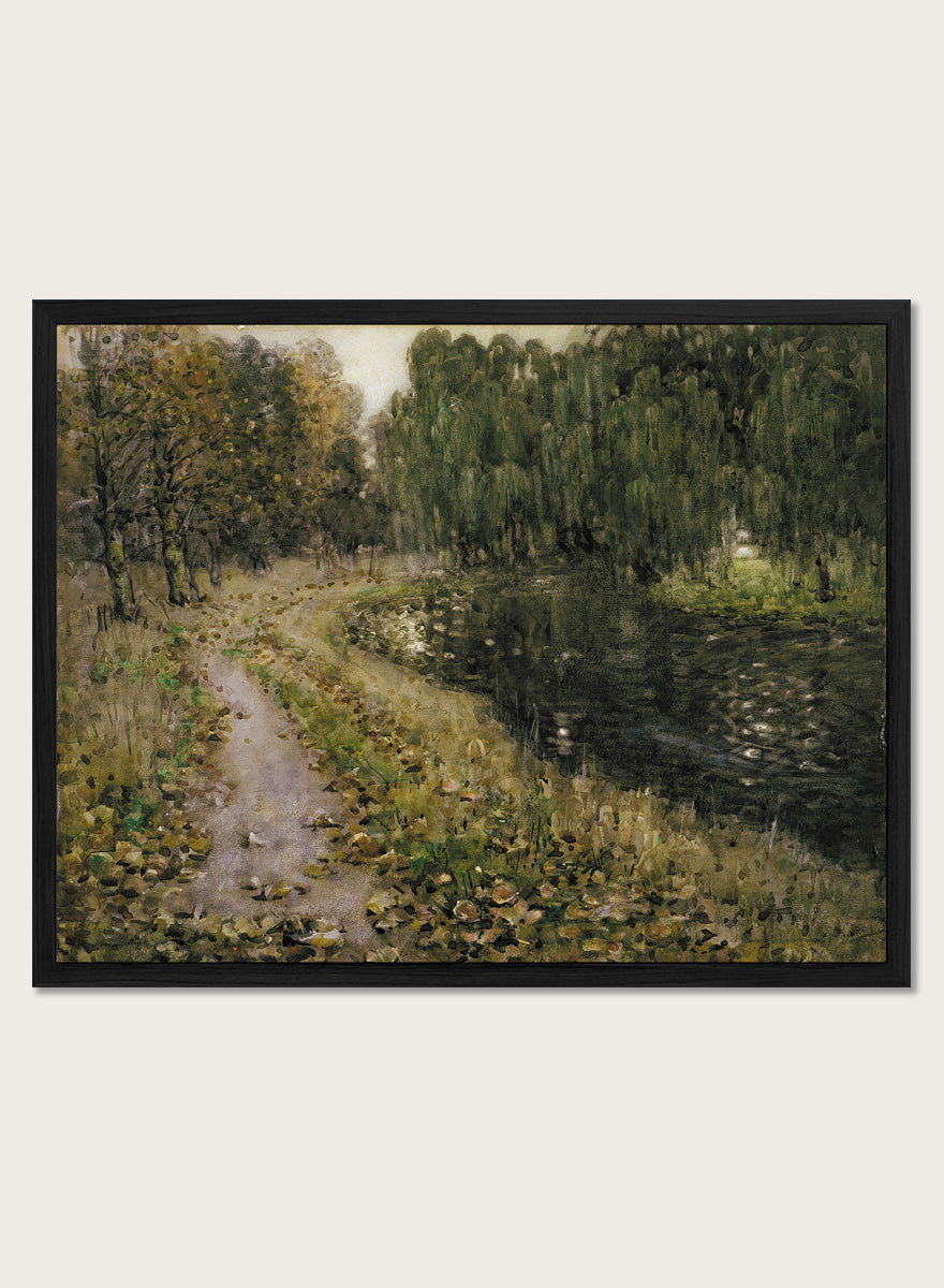 Shop Riverside, Autumn by Margaret Stoddart, a vintage landscape wall art print poster depicting a leafy river path in Christchurch in rich green tones.