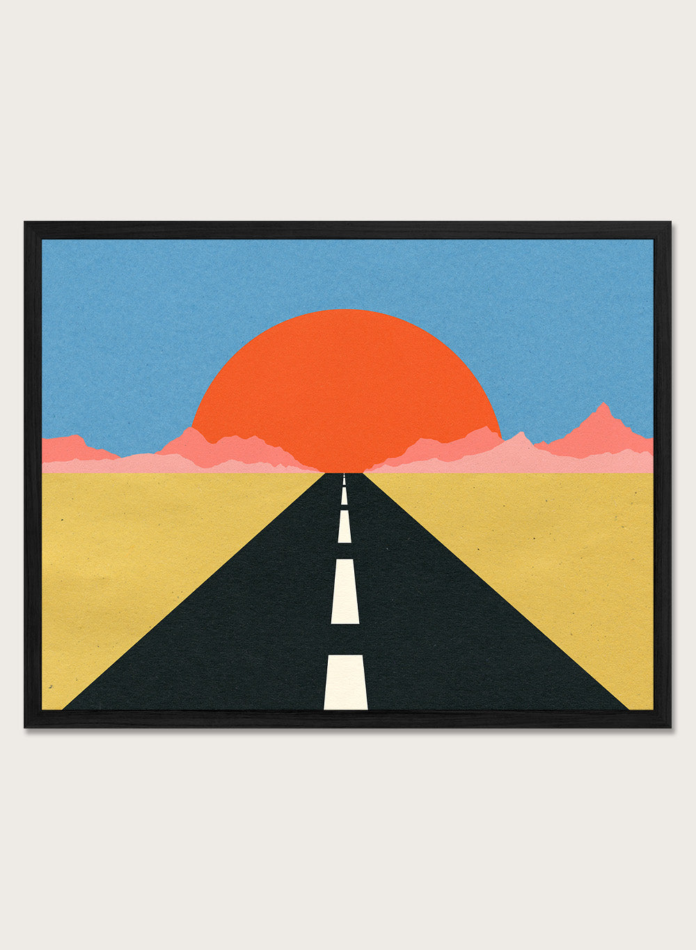 Simplified illustration of a road leading to a large red sun in a blue sky. Road To Sun by Rosi Feist is a modern landscape art print featuring a minimalist desert road, bold sunset colors, and contemporary graphic poster design.