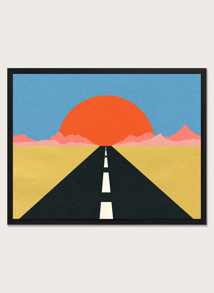 Simplified illustration of a road leading to a large red sun in a blue sky. Road To Sun by Rosi Feist is a modern landscape art print featuring a minimalist desert road, bold sunset colors, and contemporary graphic poster design.