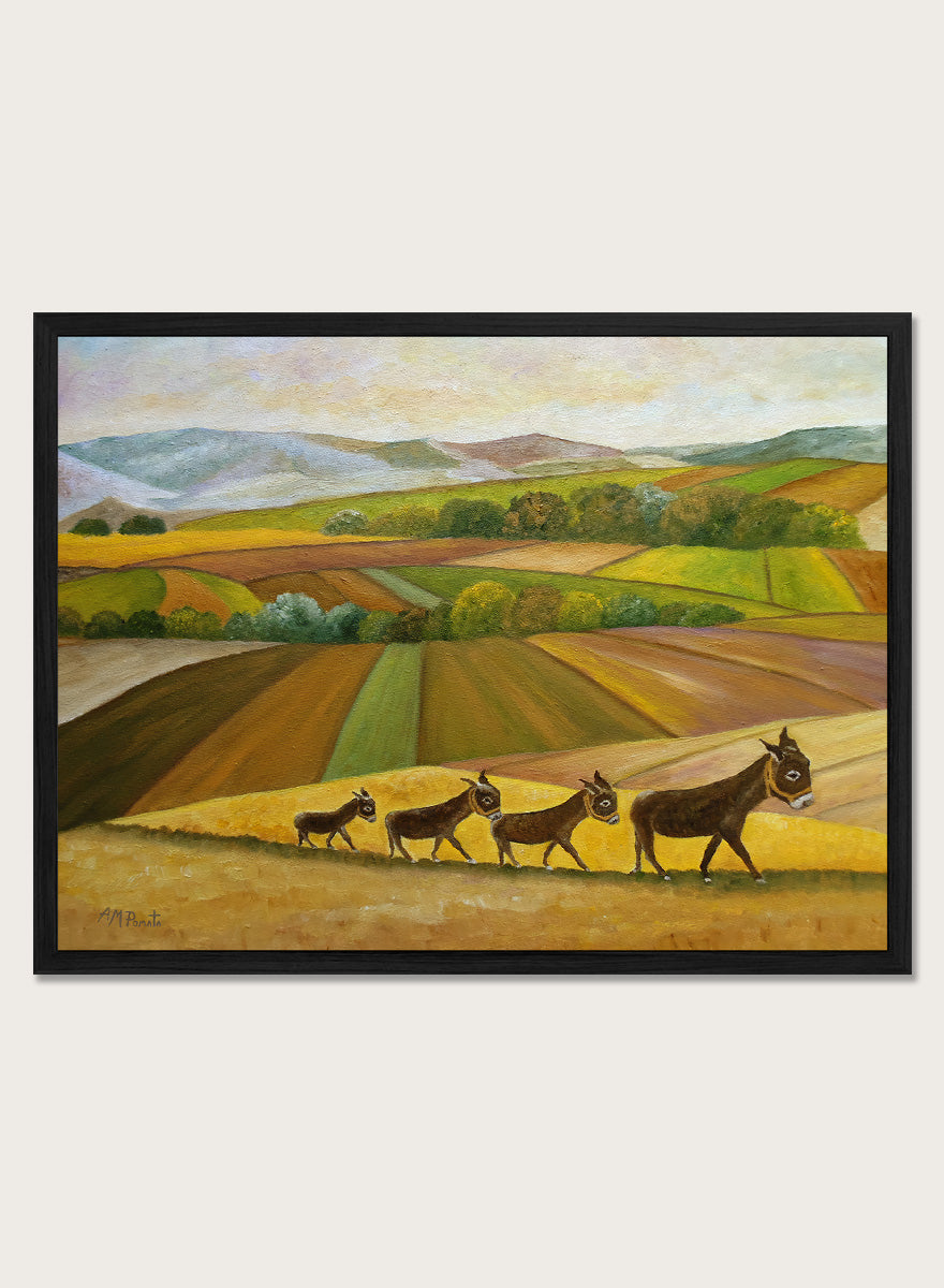 Shop Donkey Family Journey by Angeles M. Pomata, an autumn animal and countryside art print featuring a family of donkeys, patchwork fields, and rolling hills.