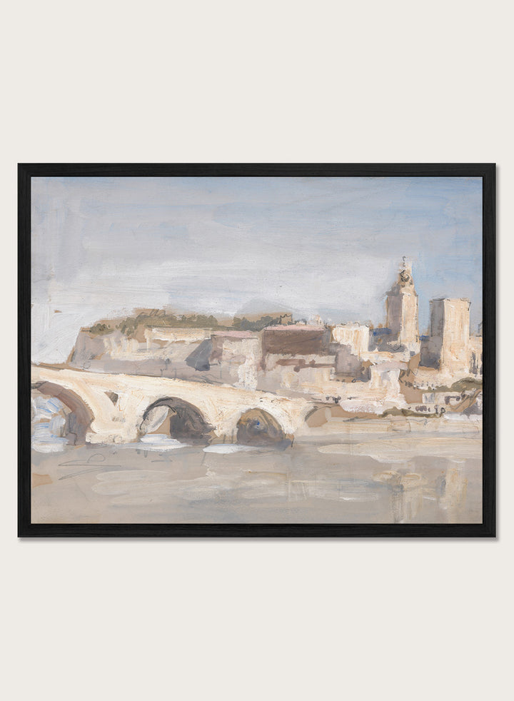 A framed art print depicting a scenic landscape with a stone bridge over water, historic buildings, and a church tower under a pale sky. Avignon; Bridge over a River by Hercules Brabazon Brabazon is a vintage watercolor art print featuring a stone bridge, river, and pale city skyline.