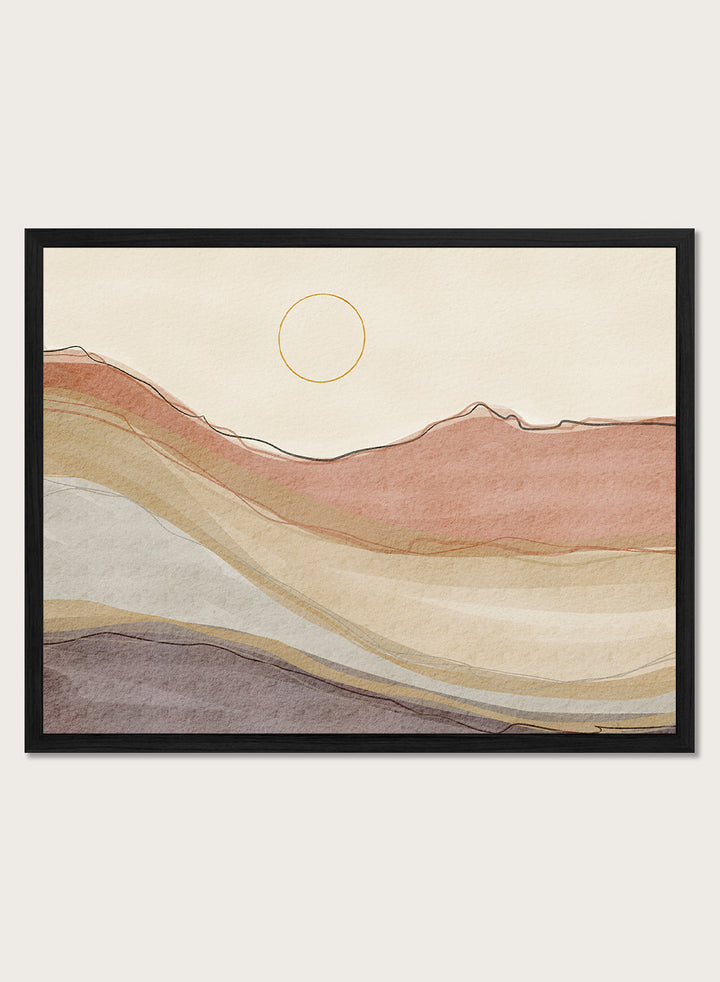 Shop Boho Desert Landscape by Nikita Jariwala, a modern desert wall art print with abstract hills, a simple sun, and warm terracotta, cream, beige, and mauve tones.