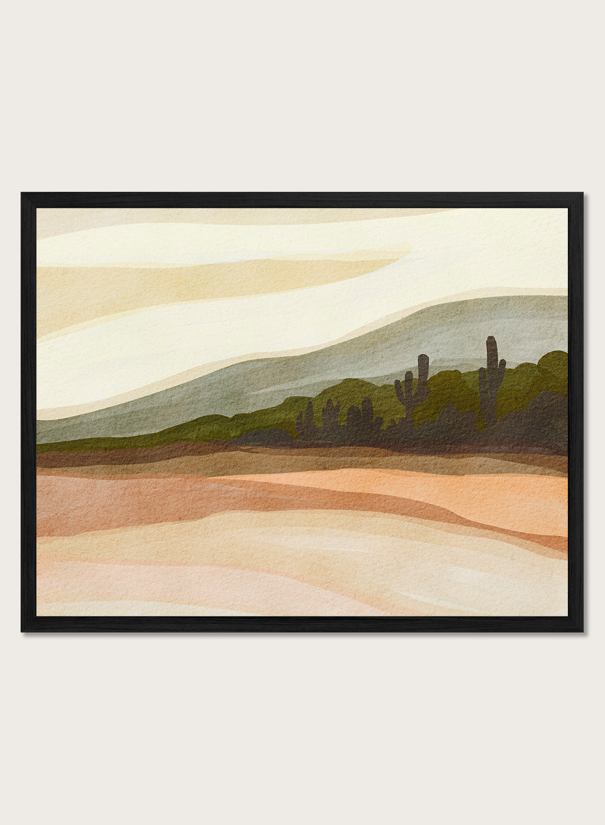 Shop Saguaro Desert Hills by Nikita Jariwala, a desert wall art print poster with saguaro cacti, layered hills, and warm sand, peach, olive, and cream tones.