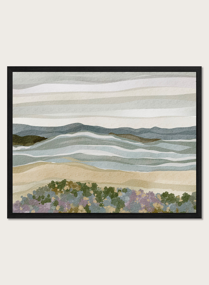 Shop Abstract Coastal Serenity by Nikita Jariwala, a modern coastal wall art print poster with layered waves, sandy shore, and soft blue, beige, green, and lavender tones.