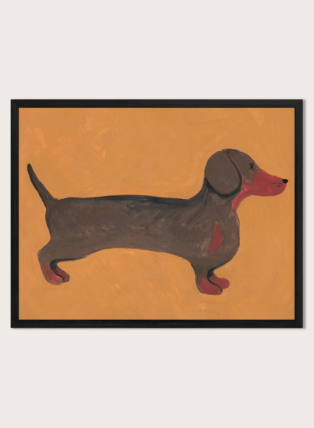 Framed artwork of a dachshund on an orange background. Sweet Dachshund Dog by Lerin Freyou is a modern dachshund art print featuring a minimal dog illustration with orange background, aesthetic animal poster design.