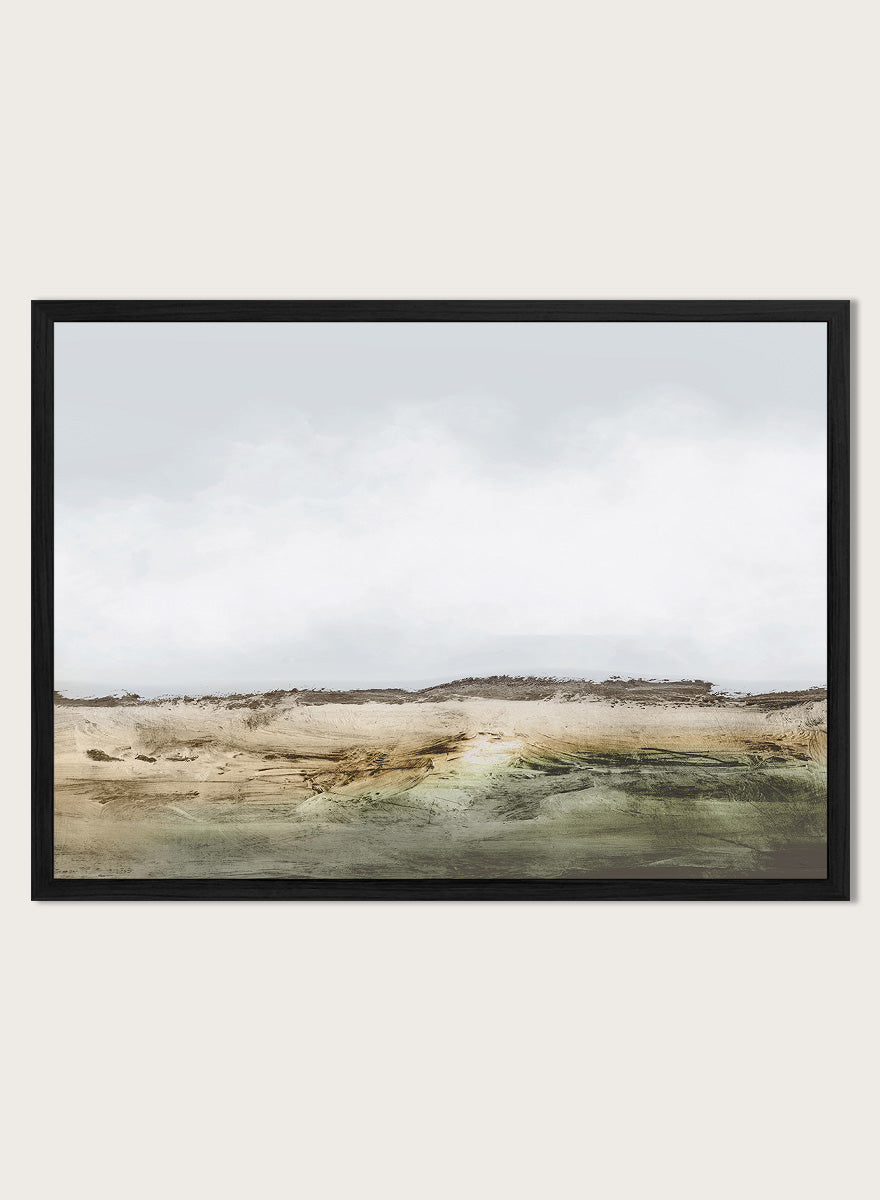 Shop Cliffs by Dan Hobday, a contemporary coastal landscape art print featuring rugged cliffs, soft sky, earthy green tones, and layered textured brushwork.