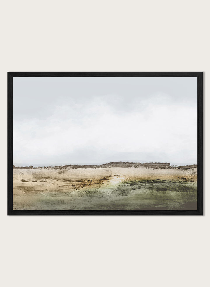 Shop Cliffs by Dan Hobday, a contemporary coastal landscape art print featuring rugged cliffs, soft sky, earthy green tones, and layered textured brushwork.