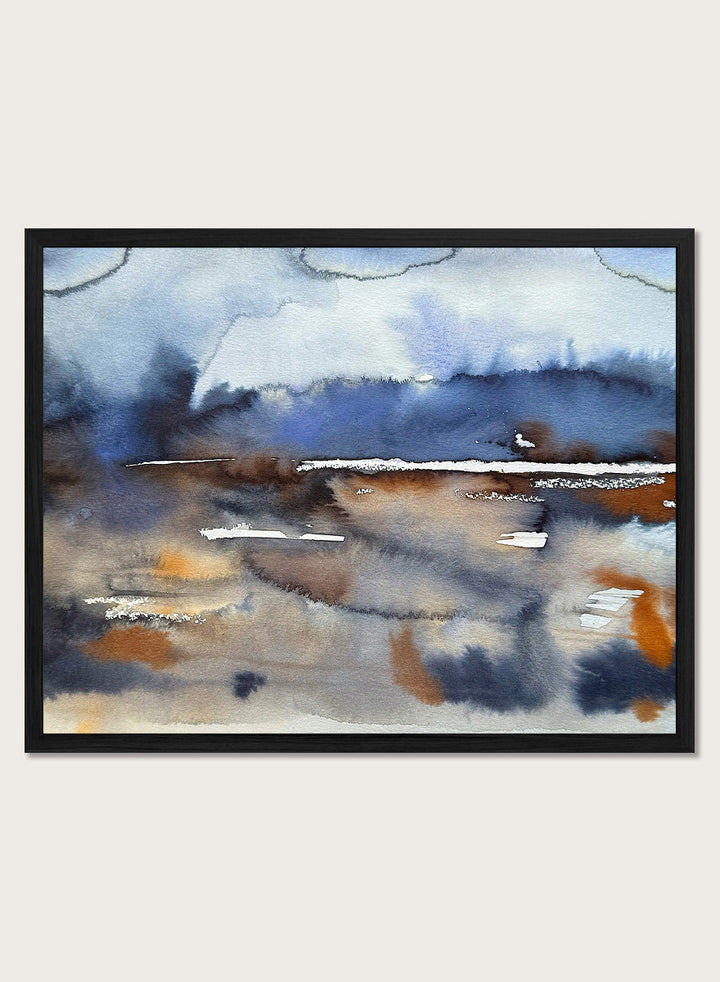 Shop Abstract Fluid Horizon by Helena Ryhle, an abstract landscape wall art print poster featuring fluid watercolor, a blue horizon, and earthy coastal tones.