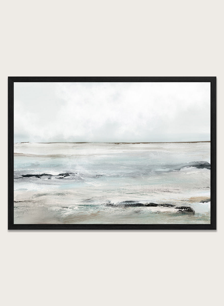 Shop Sandy Bay by Dan Hobday, a coastal landscape art print featuring soft blue-gray water, pale sky, textured shoreline, and layered neutral brushwork.