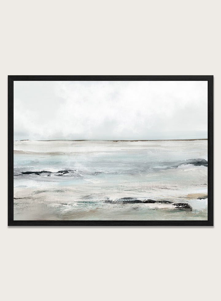 Shop Sandy Bay by Dan Hobday, a coastal landscape art print featuring soft blue-gray water, pale sky, textured shoreline, and layered neutral brushwork.