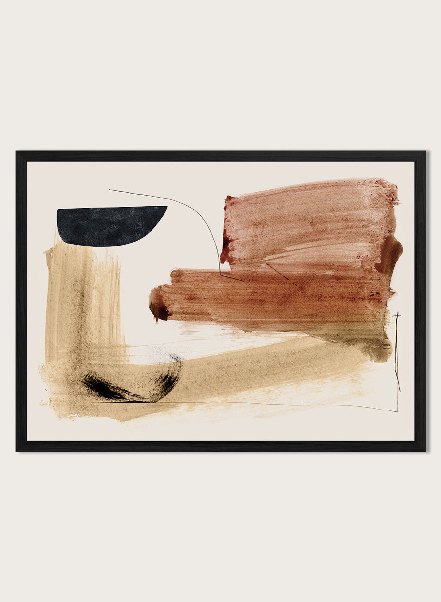 Abstract framed wall art featuring broad brushstrokes in terracotta, beige, black, and brown on a cream background. Shop Cooking by Dan Hobday, a warm abstract art print featuring rust brown, black, and sandy neutral forms with loose lines and layered brush texture.