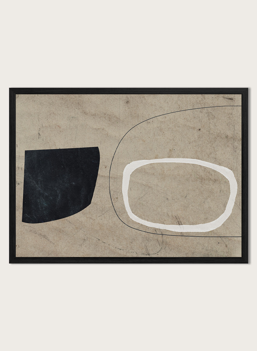 Shop Comfort by Dan Hobday, a contemporary abstract art print featuring bold black and white forms, curved linework, warm beige tones, and textured detail.