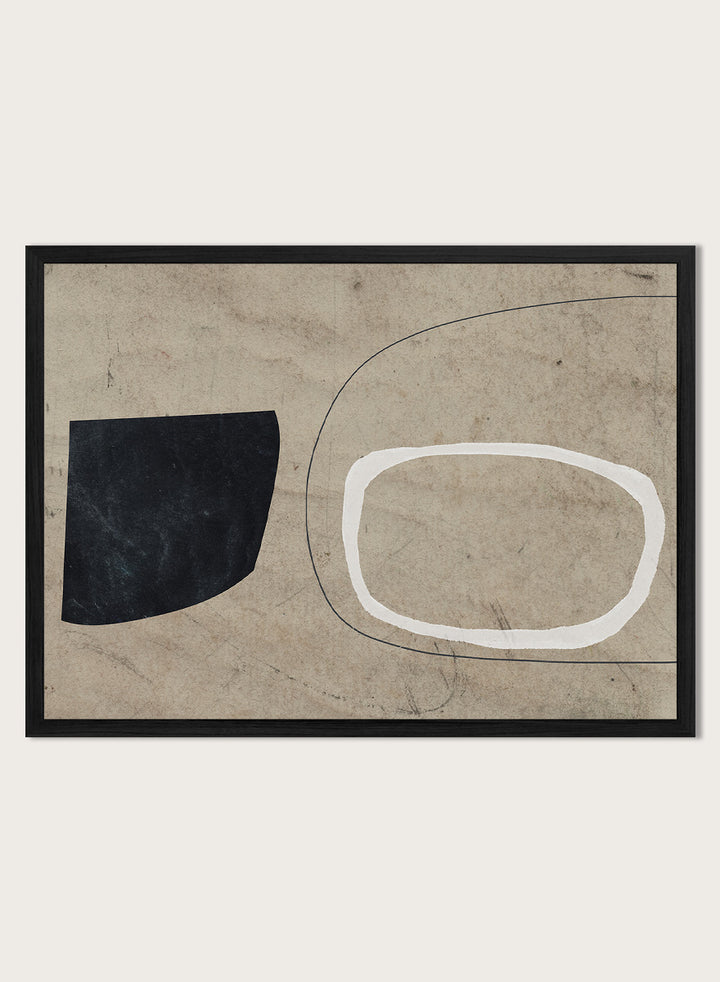 Shop Comfort by Dan Hobday, a contemporary abstract art print featuring bold black and white forms, curved linework, warm beige tones, and textured detail.