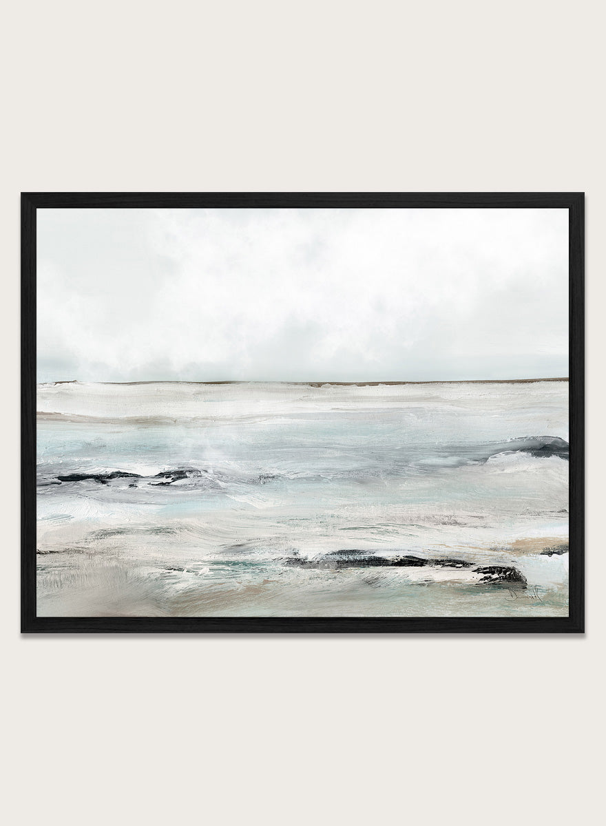 Shop Sandy Bay by Dan Hobday, a coastal landscape art print featuring soft blue-gray water, pale sky, textured shoreline, and layered neutral brushwork.