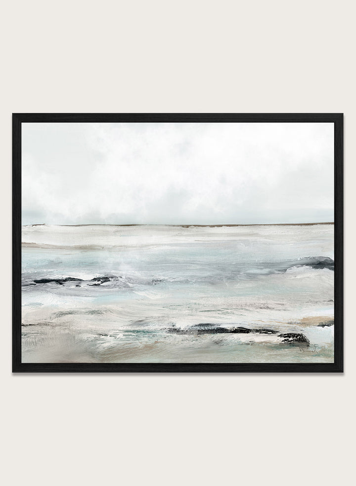 Shop Sandy Bay by Dan Hobday, a coastal landscape art print featuring soft blue-gray water, pale sky, textured shoreline, and layered neutral brushwork.