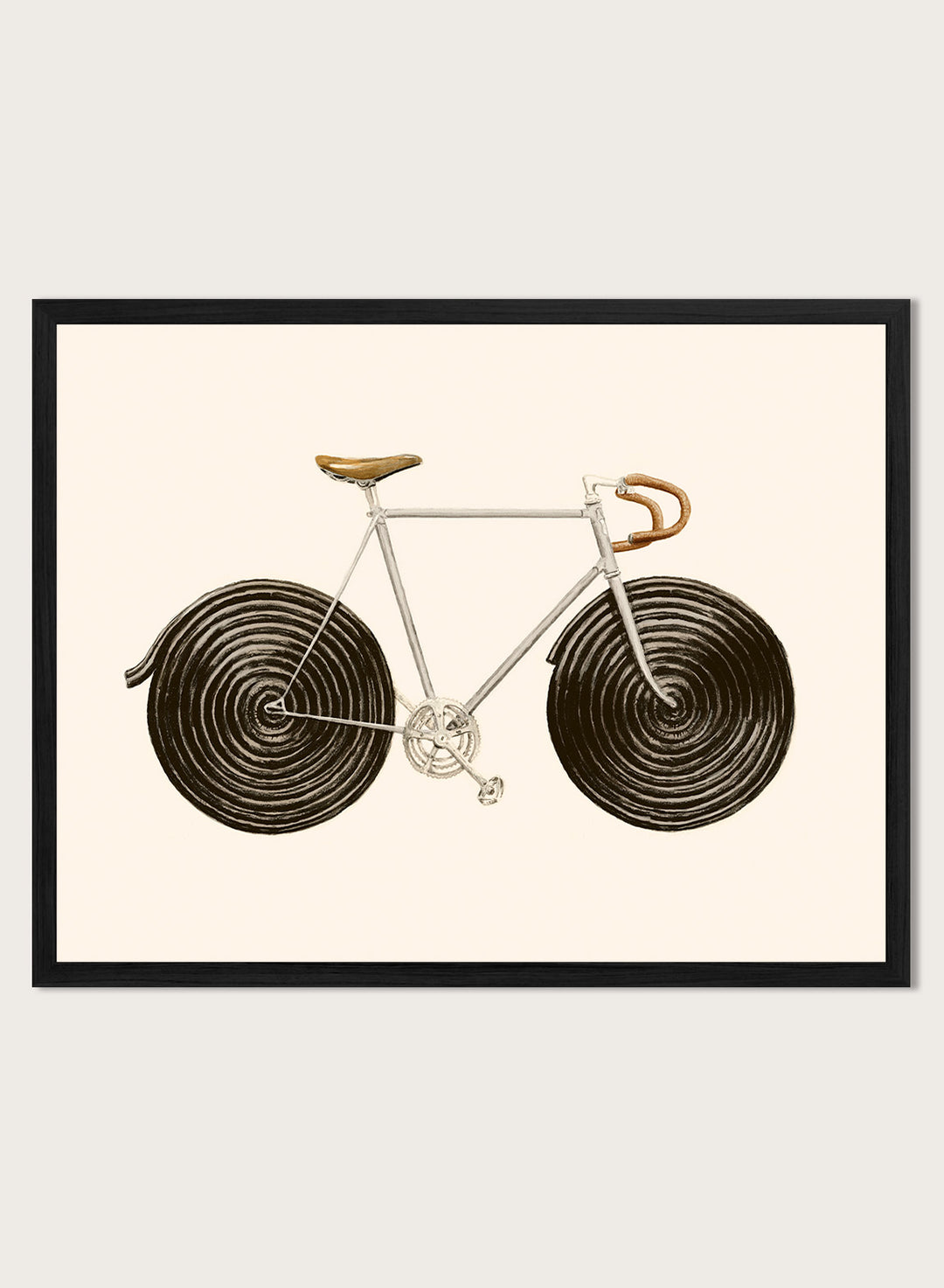 Framed artwork of a bicycle with spiral wheels on a beige background. Sweet Licorice Bicycle by Florent Bodart is a surreal bicycle art print with playful design and vintage style, a modern wall poster with creative and unique concept.