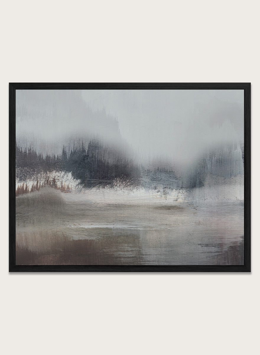 Shop Forest Lake by Dan Hobday, a misty landscape art print featuring dark forest trees, reflective water, soft gray-blue tones, and layered brush texture.