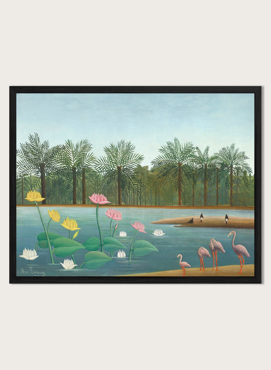 Shop The Flamingoes by Henri Rousseau, a vintage tropical nature landscape and animal art print featuring pink flamingoes, lotus flowers, palms, and blue water.