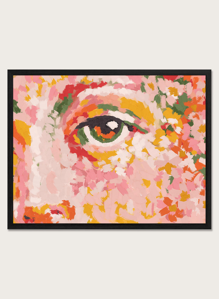 Colorful abstract painting of a face with a prominent eye. Wild Attention by Treechild is a colorful portrait illustration art print featuring expressive eye detail, bold brushstrokes, and contemporary wall art style.