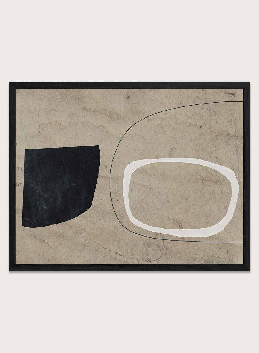 Shop Comfort by Dan Hobday, a contemporary abstract art print featuring bold black and white forms, curved linework, warm beige tones, and textured detail.