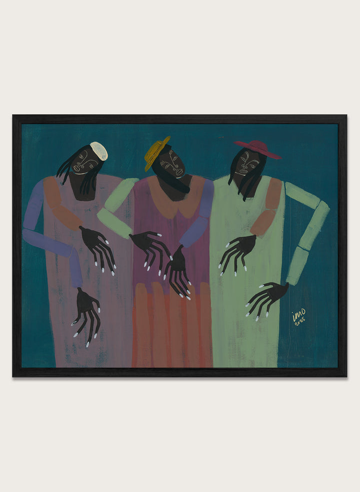Artistic depiction of three figures with outstretched hands on a blue background. My People by Studio IMO (Ibi Meier-Oruitemeka) is a modern figurative art print with connected figures, expressive hands, and bold contemporary wall poster design.