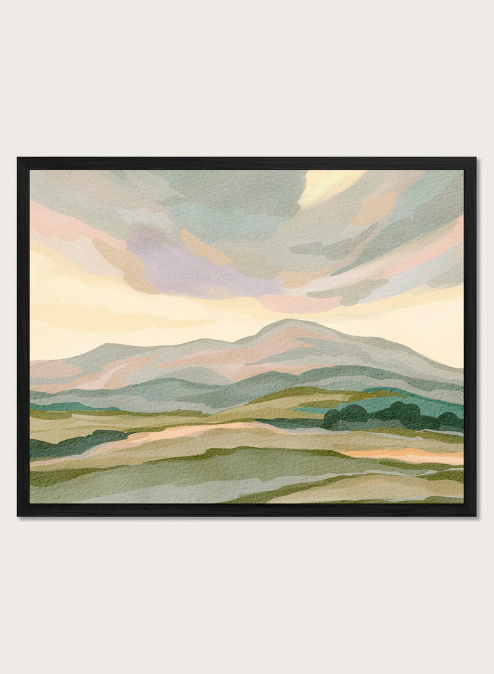 Shop Muted Mountain Landscape by Nikita Jariwala, a modern mountain wall art print with abstract hills, soft sage, dusty pink, gray, and cream tones.