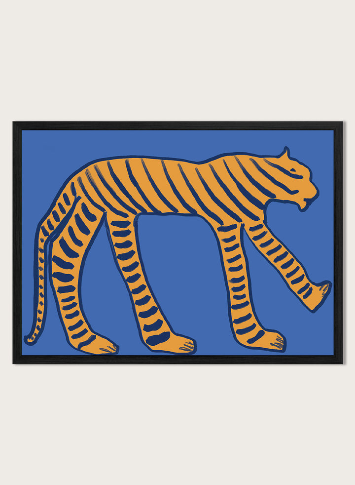 Stylized Blue Tiger by The Art Concept animal art print featuring an orange tiger with deep blue stripes and an elongated, graphic silhouette.