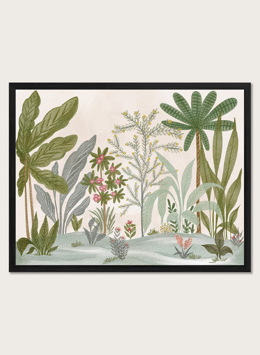 A framed botanical art print featuring a collection of tropical and jungle plants in muted green, gray, and soft pink tones on a cream background. Shop Lush Tropical Jungle by Nikita Jariwala, a tropical botanical wall art print poster with jungle plants, palm leaves, layered foliage, and green tones.