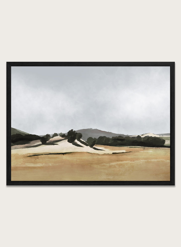 Shop Lazy Afternoon by Dan Hobday, a warm landscape art print featuring golden fields, dark trees, rolling hills, and soft late-summer tones.
