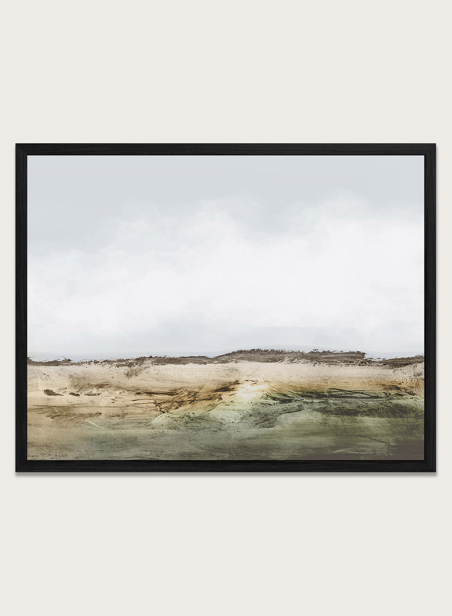 Shop Cliffs by Dan Hobday, a contemporary coastal landscape art print featuring rugged cliffs, soft sky, earthy green tones, and layered textured brushwork.