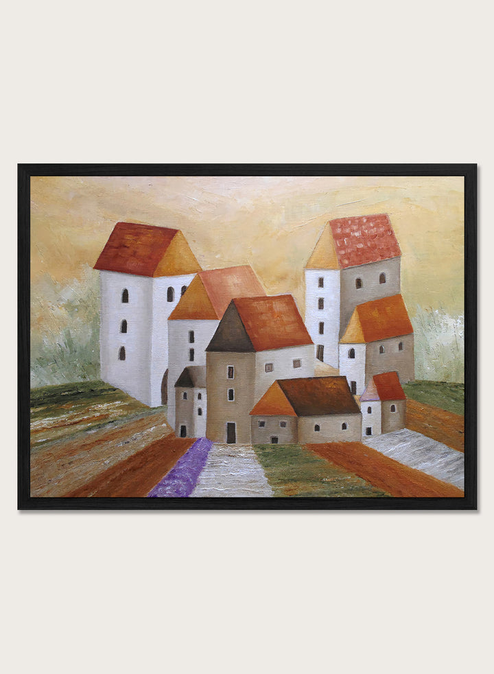 A framed landscape painting depicting stylized white buildings with orange-brown roofs, set in a field with a purple path under a warm yellow sky. Shop Peaceful Lavender Village by Angeles M. Pomata, an autumn village landscape art print featuring white houses, terracotta roofs, lavender fields, and warm earthy tones.