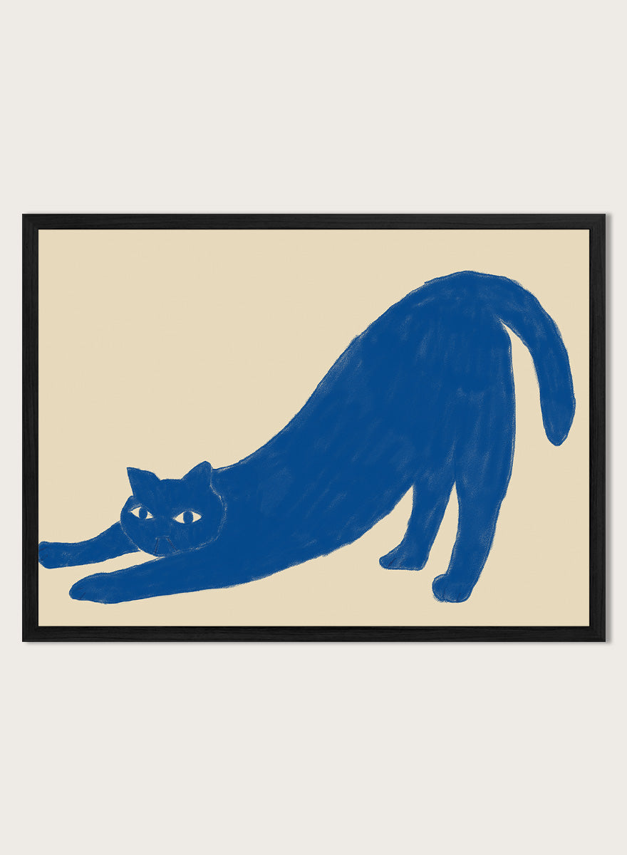 Framed wall art featuring a blue cat stretching on a beige background. Stretching Blue Cat by The Art Concept is a playful cat art print featuring a blue stretching cat on a warm cream background in a simple modern style.