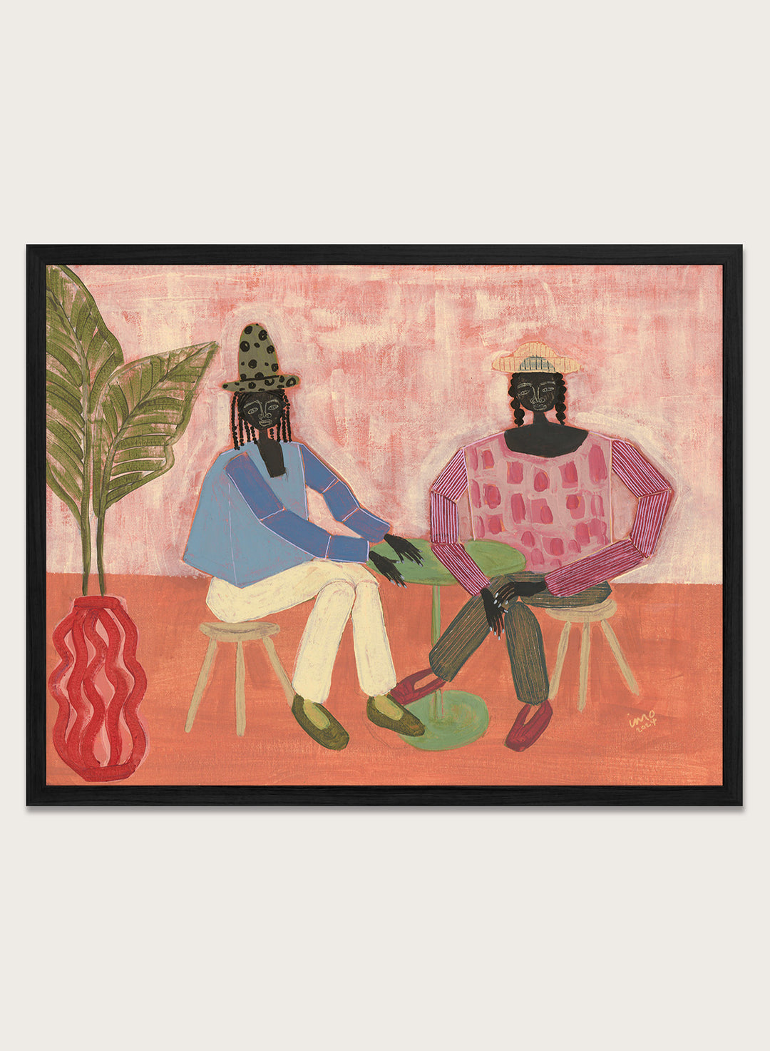 Artistic depiction of two people sitting on chairs with a plant and vase in the foreground, on a pink background. With a Friend by Studio IMO (Ibi Meier-Oruitemeka) is a modern figurative art print with two figures at a table in a contemporary wall poster design.