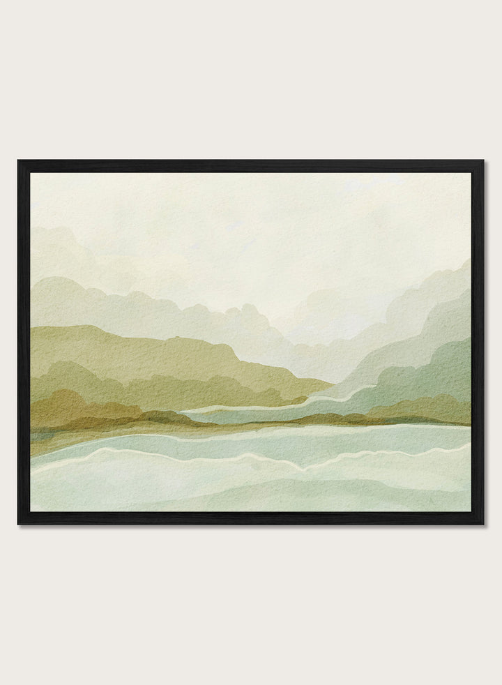 Shop Watercolor Mountain Valley Landscape by Nikita Jariwala, a mountain wall art print poster with soft green hills, blue water, and a muted watercolor palette.
