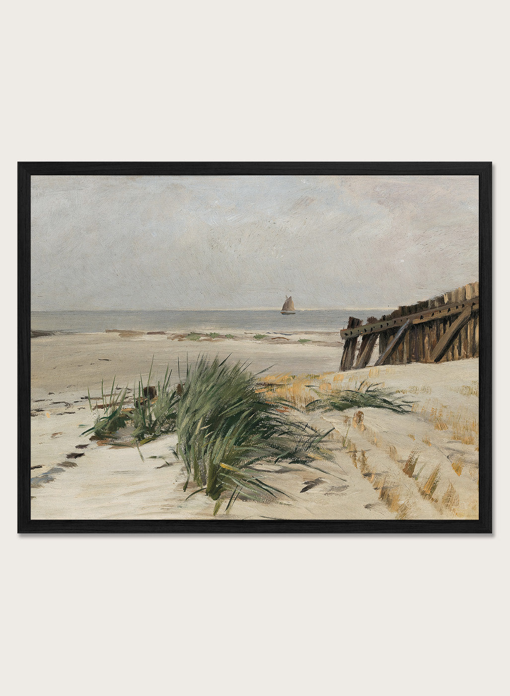 Featuring the original Eugen Dücker's Artwork "On the Beach", this pastel beige and green European vintage coastal tropical ocean beach landscape oil painting wall art print showcases a classic rustic moody antique style that is perfect for any boho or modern farmhouse inspired space with muted or neutral colors. 